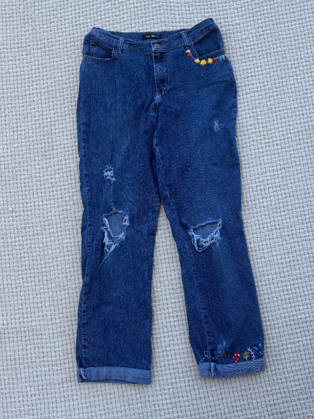 Lee Distressed Custom Embroidered Hippie Boho Jeans (14/16)